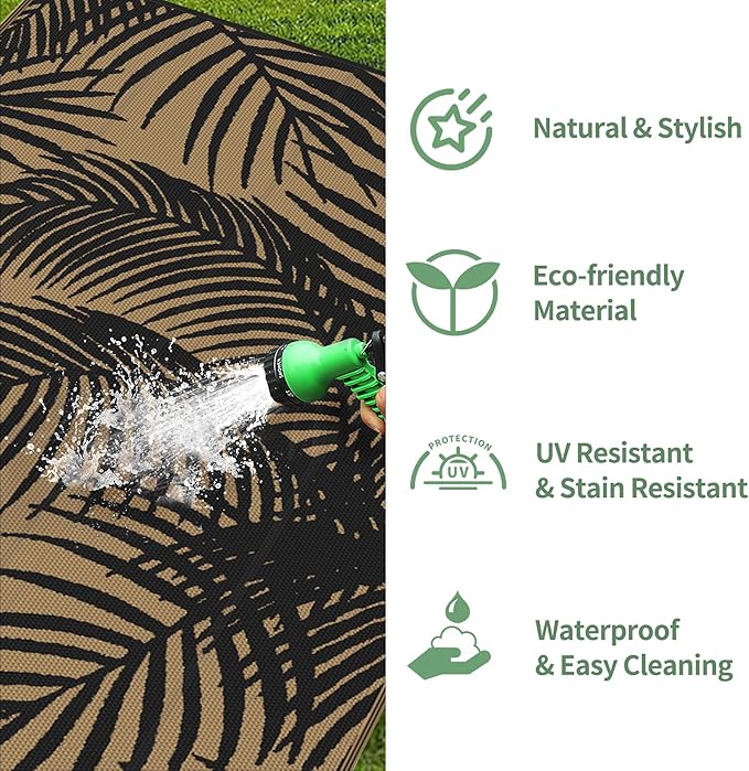 GENIMO Outdoor Rug 8' x 10' Waterproof for Patio Clearance, Reversible Plastic Straw Camping Carpet, Lightweight Mats for Rv, Backyard, Deck, Porch, Picnic, Beach, Balcony, Black & Brown