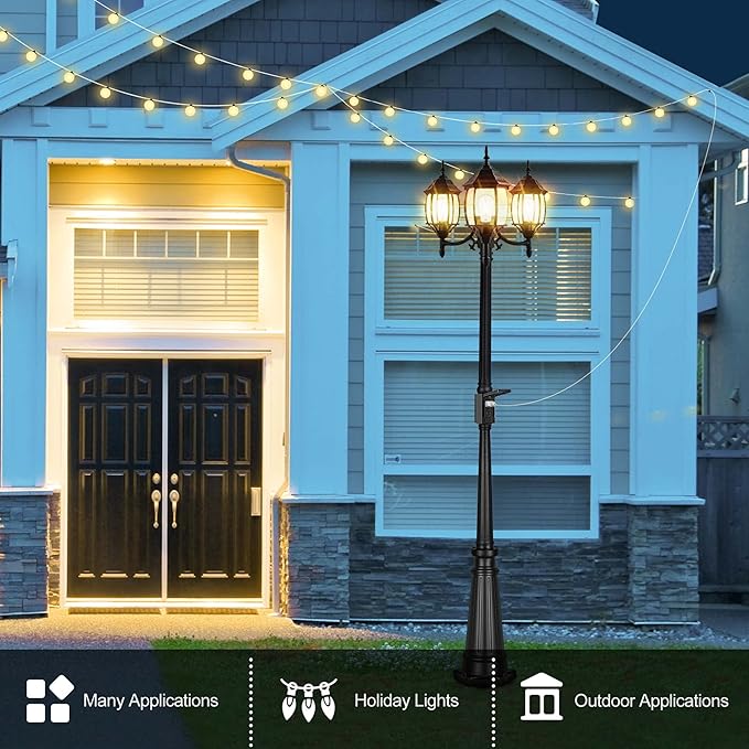 PARTPHONER Outdoor Lamp Post Light with GFCI Outlet, 3-Head Classic Black Light Pole with Glass Panels (3 LED Bulbs Included), Aluminum Waterproof Outside Street Light for Backyard Garden Driveway