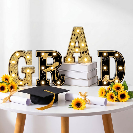 Wettal 2026 Grad Light up Letters for Table, Graduation Party Decorations LED Marquee Grad Letter Lights Sign 8.7 Inches Black and Gold Graduation Centerpieces Ornaments, Batteries Not Included