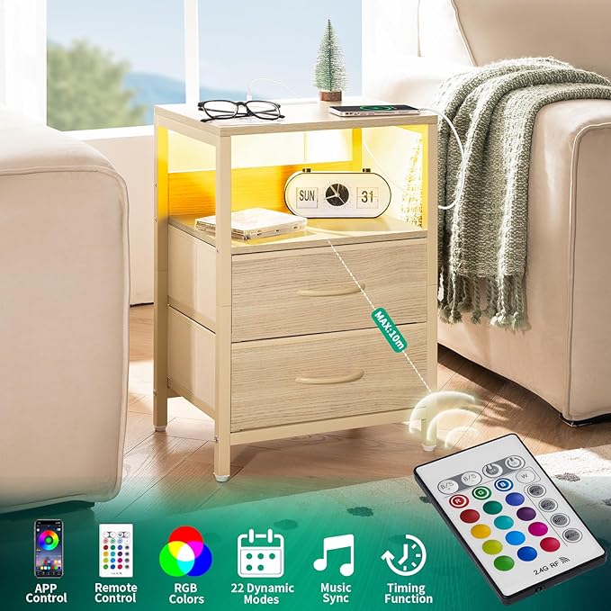 Yoobure Nightstand with Charging Station, LED Night Stand with Fabric Drawers and Storage Shelf for Bedroom, Nightstands Bedside Tables with USB Ports & Outlets, Small Night Stands, Bed Side Table