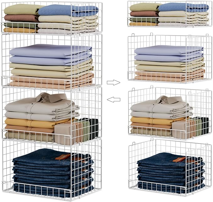 Yociyoga 4 Tier Stackable Closet Organizers and Storage Shelves, Foldable Closet Shelf Organizer System, Stackable Storage Bins Drawers for Clothes Organizer System, White(Patent Pending)