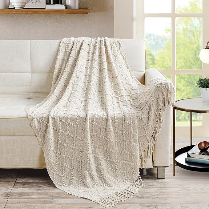 BOURINA Beige Throw Blanket 50 x70 Inches Jacquard Argyle Throw Textured Solid Soft Throws and Blankets for Sofa or Bed Knitted Decorative Blanket