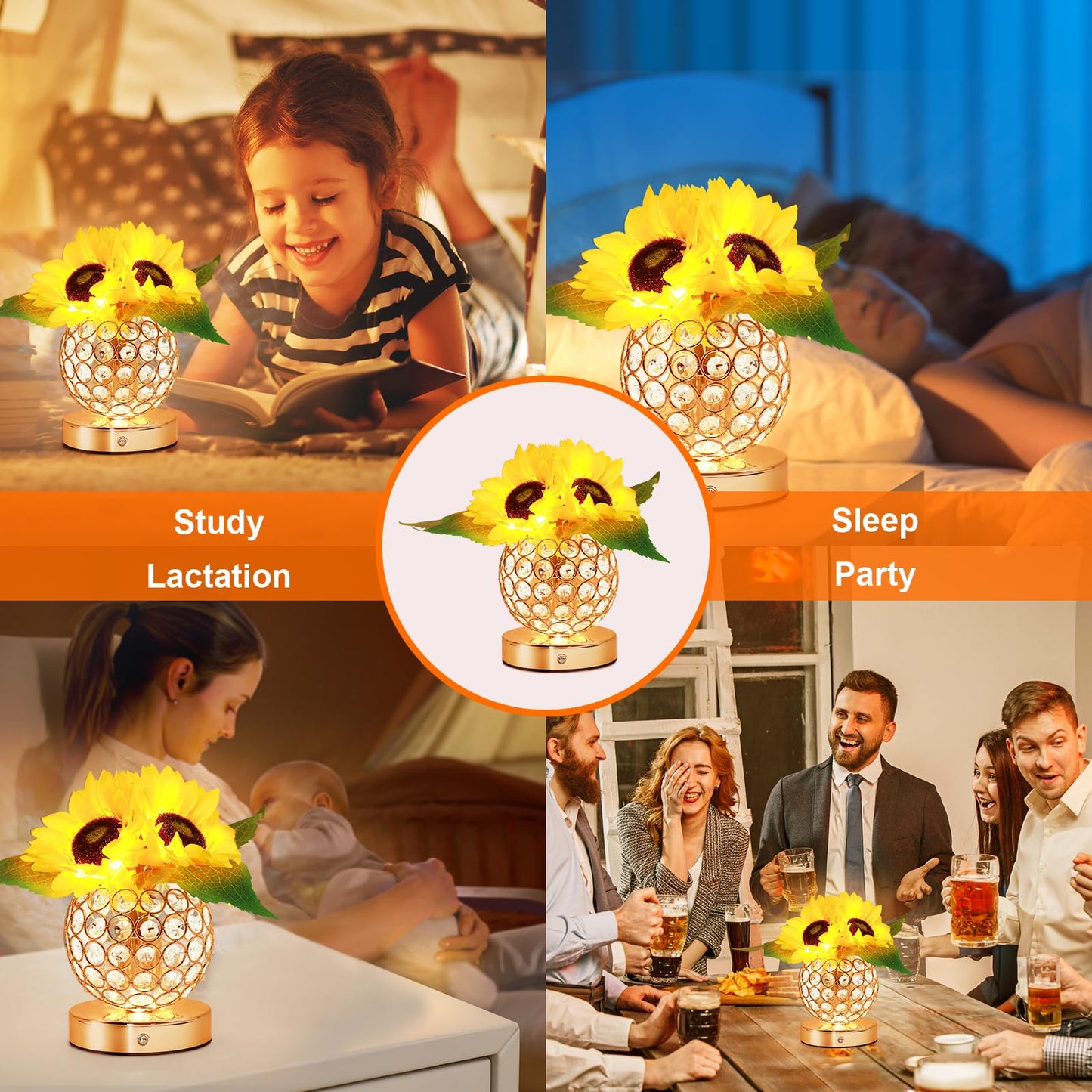 AMWGIMI Sunflower Gifts for Women,Sunflower Flower Home Decor Touch Table Lamp,3-Colour Dimming Rechargeable Cordless Small Night Light for Festival Housewarming Birthday Gift for Mom