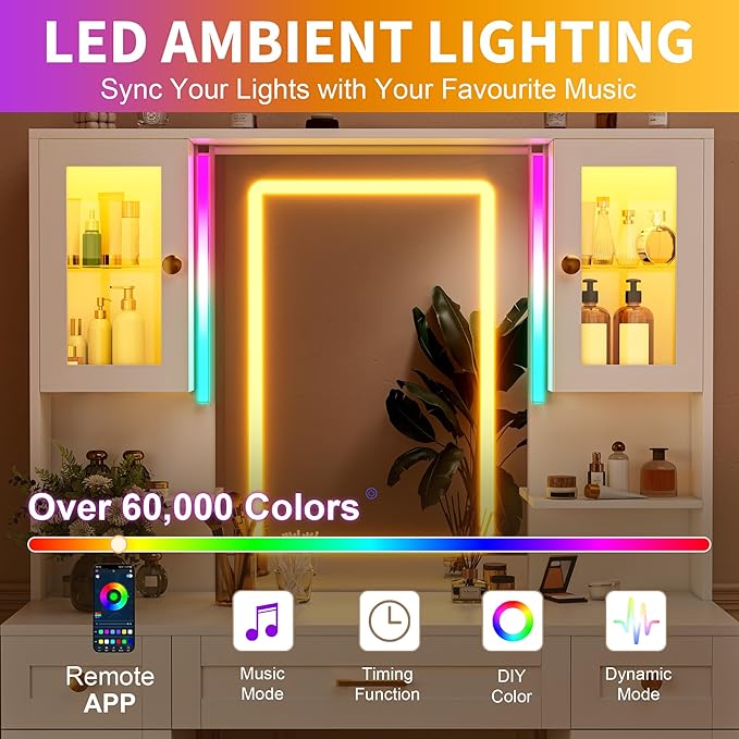 NUNU LAB White Vanity Desk with Mirror and Lights, Women Makeup Vanity with 16 RGB Colors Light & Power Outlet, 4 Cabinet, 2 Shelves & 5 Drawers for Bedroom (049 White)