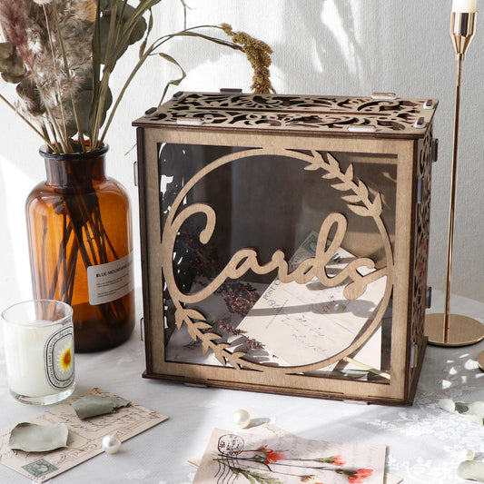 CYAOOI Wooden Wedding Card Box for Reception, Rustic Gift Card Box Holder with Slot and Acrylic Window, Vintage Envelope Money Card Box for Wedding Graduation Party Birthday Baby Shower Decorations