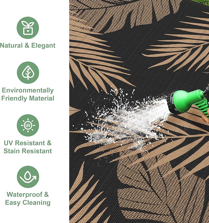 Outdoor Rug 5' x 8' for Patio Waterproof Clearance, Reversible Indoor Outdoor Plastic Straw Camping Rug Carpet, RV Mat, Large Area Rug for Deck, Backyard, Balcony, Porch, Beach, Black and Brown