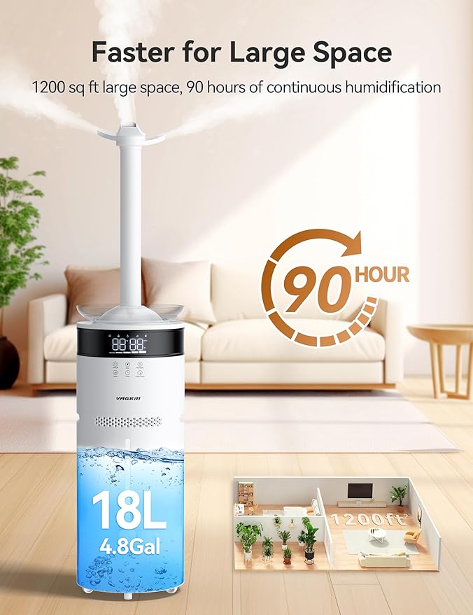 VAGKRI Humidifiers for Large Room, 18L Ultrasonic Cool Mist Humidifier for Home 2000 sq ft, 5 Mist Levels, Auto Mode, Whole House Humidifiers with 2 Extended Tube Quiet Humidifiers for Baby Home Plant