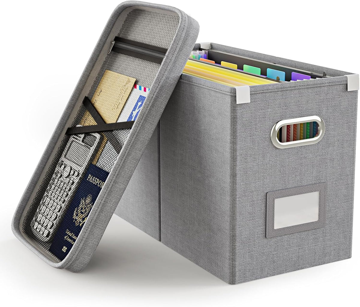 Oterri File Organizer Box with Lid, Hanging Filing File Box with Mesh Pocket, Document Organizer Box for Letter Files, Portable Storage Box with Smooth Sliding Rail for Office&Home(1 PCS, Grey)