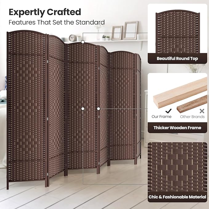 6 Panel Room Divider,6Ft Folding Privacy Screen,Tall - Extra Wide Foldable Panel Partition Wall Divider with Diamond Double-Weaved Hand-Woven Design Room Screen Divider