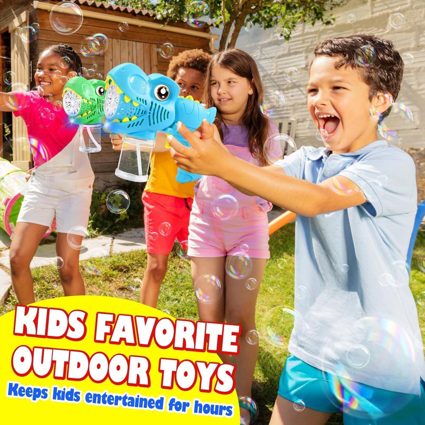 Kids Bubble Gun 2 Pack Dino Bubble Machine Gun for Toddlers with 4 Solutions Automatic 13-Hole Bubbles for Kids Blower Maker Easter Basket Essentials Stocking Stuffers Gift Party Favors for Boys Girls
