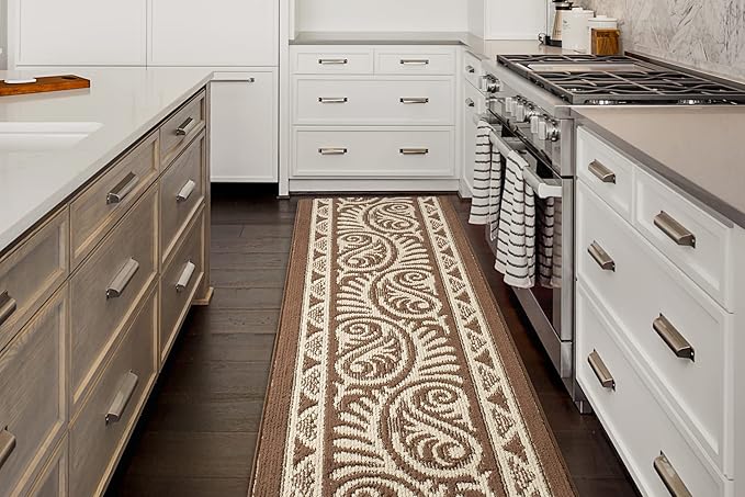 Custom Length Cut to Size Tribal Ethnic Southwestern Inspired Hallway Runner Rug, Non Slip Rubber Backed, 31 inch Wide X Customized Length, Mayan Brown, 31 inch X 7 feet