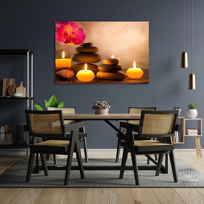Zen Wall Art Decor, Modern Bathroom Zen Decor Wall Art, Large Zen Relaxing Canvas Wall Art for Spa Room Decor, Black Pebble and Lighted Candles Zen Art Prints for Office & Spa Wall Decor 28x40 Inches