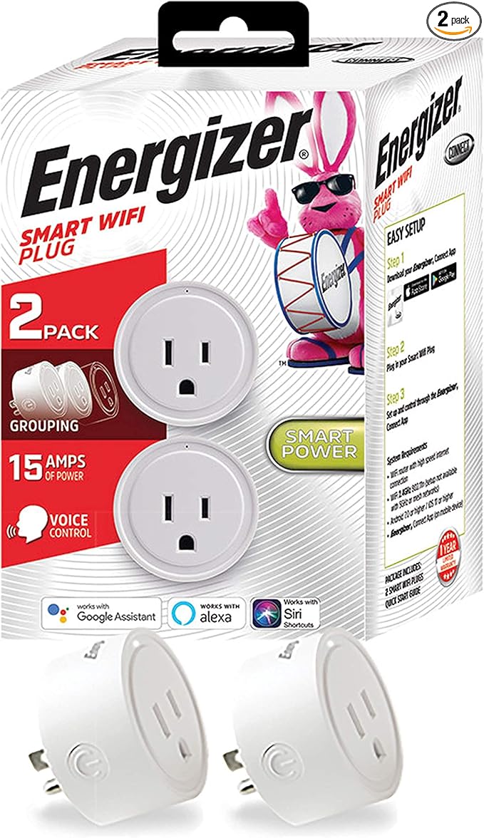 Energizer Connect Smart WiFi Plug 2 Pack, Mobile Connect App Enabled, Voice Controlled, Alexa, Echo, Siri, Hey Google Enabled, No Hub Required, Mini Outlet 15-Watt, 2.4GHz, ETL & FCC Certified