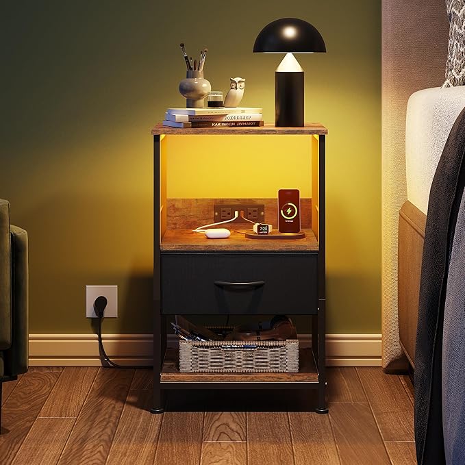 WLIVE LED Night Stand, Nightstand with Charging Station, Small Bed Side Table with Fabric Drawer and Open Shelves, Tall End Table with USB Ports & Outlets, Black and Rustic Brown