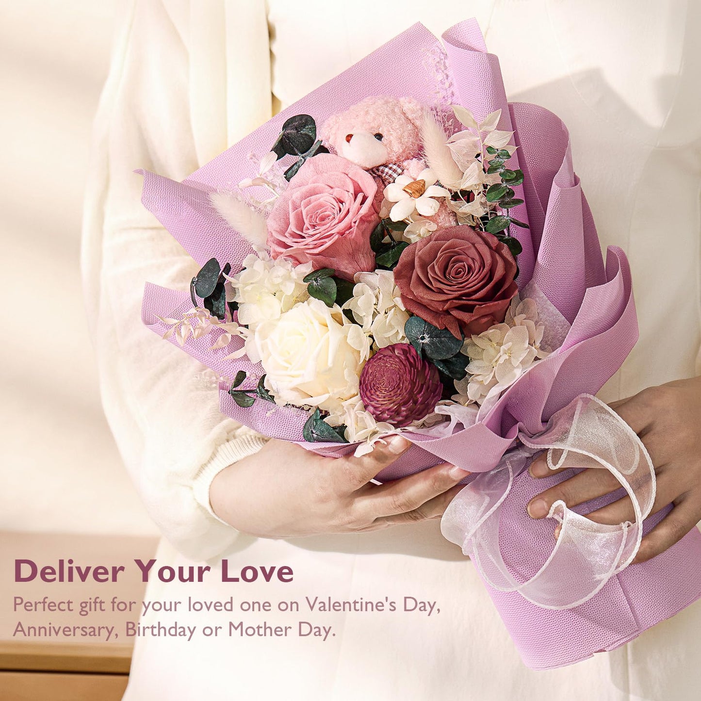Polylove Forever Flower Bouquet Flowers for Delivery Prime Preserved Roses with Bear Gift Box for Wife Women Mother Day Anniversary Birthday