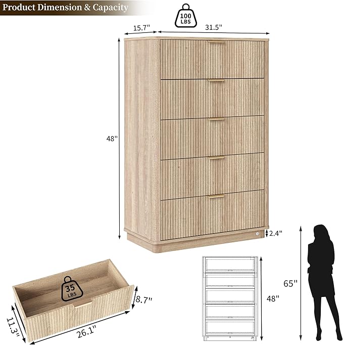 Fluted Dresser for Bedroom with 5 Drawers, 31.5" Wide Modern Chest of Drawers with Lighting, Wooden Dresser TV Stand with Curved Edges, Closet Organizer for Living Room, Hallway,Natural