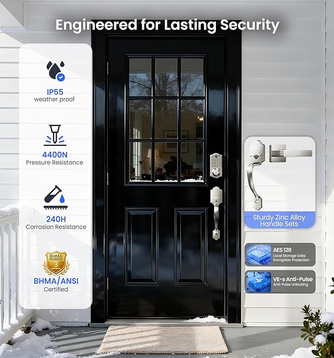Veise VE017-H Fingerprint Smart Front Door Lock Set, App Control, 8-in-1 Keyless Entry Deadbolt with Zinc Alloy Handles, Emergency Power Port, Touchscreen Keypad, Auto Lock, Easy Install, Satin Nickel