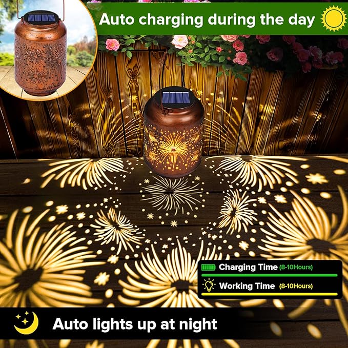 Solar Lanterns Outdoor Waterproof - Hummingbird Solar Lights for Garden, Hanging Metal Lantern Decor for Patio, Yard - Christmas Mothers Day Gifts for Women, Mom, Grandma (Fireworks, 1)