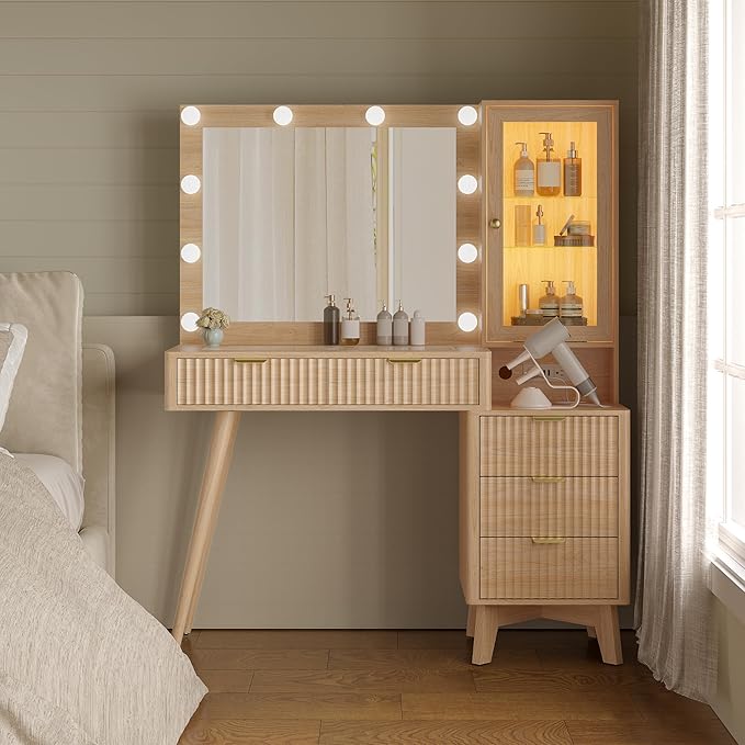 Makeup Vanity Desk with Mirror and Lights, 45" Fluted Wood Vanity Desk with Glass Top, 5 Drawers & RGB Glass Cabinet, Power Outlet, Mid Century Modern Dressing Table Set for Women Girls Bedroom