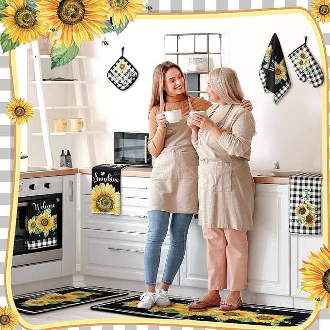 Fourluoo 10 Pcs Sunflower Kitchen Decor 4 White and Black Buffalo Plaid Kitchen Towels 2 Buffalo Check Pot Holders 2 Rustic Sunflower Oven Mitts 2 Yellow Rugs for Cooking Baking Mom Housewarming Gift