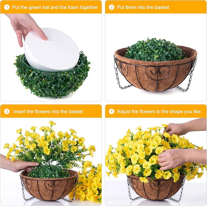Artificial Fake Hanging Flowers Plants Baskets for Outdoor Decoration, Faux Silk Morning Glory in Planter UV Resistant Realistic for Home Outside Porch Patio Balcony Garden Yard Home Decor, Yellow