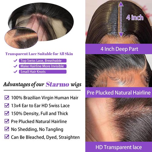 Starmo Body Wave 13x4 HD Lace Front Human Hair Wigs for Women 150% Density Glueless Natural Black 22 Inch