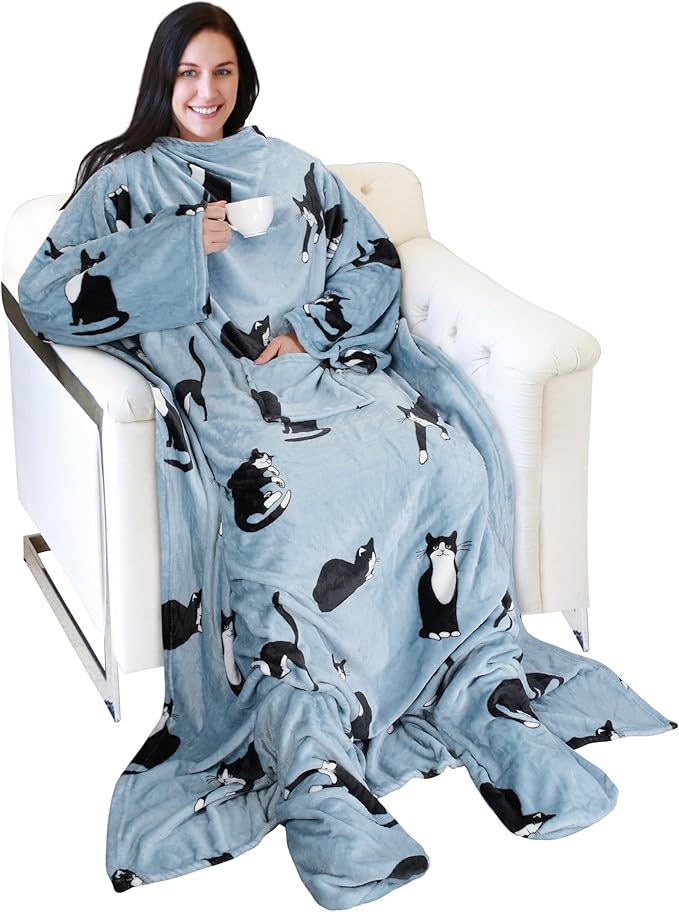 Catalonia Wearable Fleece Blanket with Sleeves and Foot Pockets for Adult Women Men, Micro Plush Comfy Wrap Sleeved Throw Blanket Robe Large, Wondercat Grey