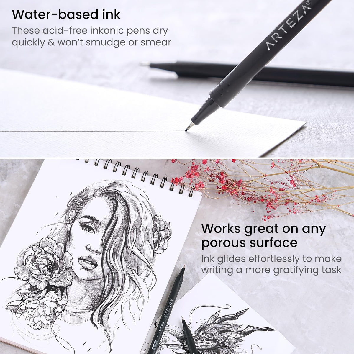 ARTEZA Black Inkonic Fineliners Pens, Set of 12, 0.4 mm Fine Tip Markers, Water-Based Art Pens for Drawing, Sketching, Journaling, Calligraphy