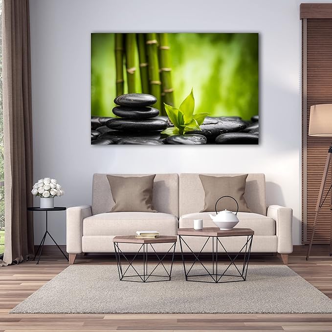 GUTTATY Zen Wall Art Decor, Modern Bathroom Zen Decor Wall Art, Relaxing Canvas Wall Art for Spa Zen Room Decor, Green Bamboo Forest and Pebble Art Prints for Office & Spa Wall Decor 32x48 Inches
