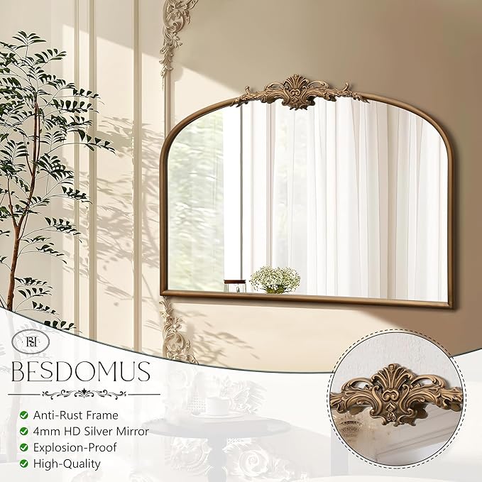 Besdomus Vintage Arched Gold Mirror: 32"x24" Large Gold Vintage Wall Mounted Mirror - Baroque Traditional Ornate for Bedroom/Fireplace/Bathroom/Hallway - Wall Decor for Fashion-Conscious