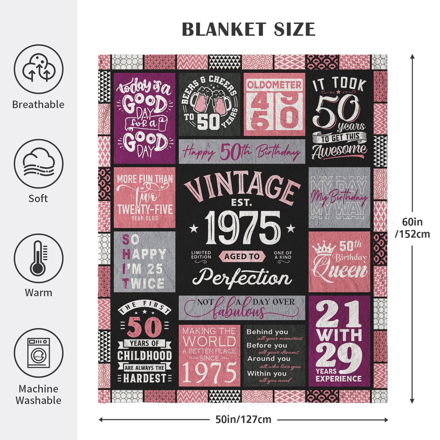 50th Birthday Gifts for Her, 50th Birthday Gifts for Women Throw Blanket 60" x 50", 50 Year Old Gift Ideas, 1975 Gift for Woman, Best Gift for Turning 50