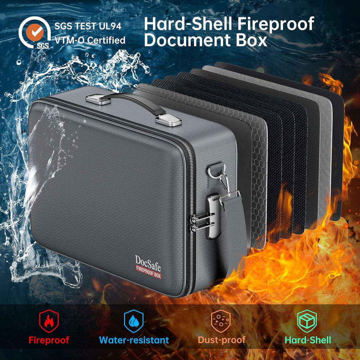 DocSafe Fireproof Document Box with Lock, Hard Case File Organizer with Accordion File Folder, Fireproof Water Resistant Safe Box Home Office Travel Storage for Important Documents Laptop Gray