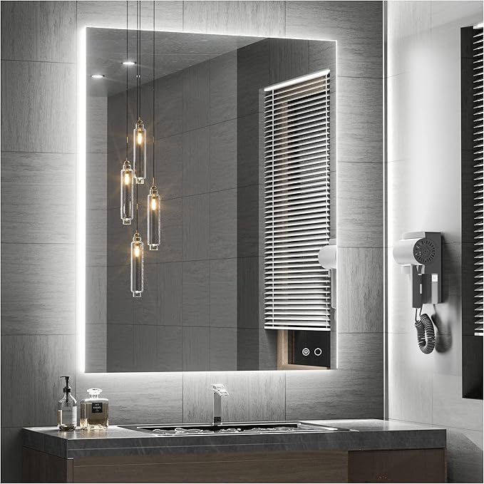Keonjinn 28 x 36 Inch LED Bathroom Mirror with Backlit, Anti-Fog Vanity Mirror, CRI90+ HD Tempered Glass, Stepless Dimmable, High Lumen, UL Listed, Waterproof, Horizontal/Vertical