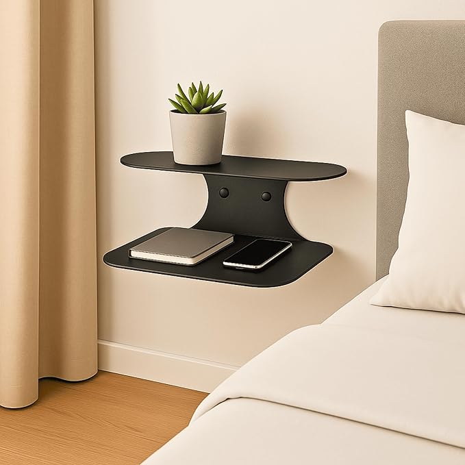 Black Metal Floating Nightstand – Wall Mounted Bedside Shelf for Bedroom, Minimalist Modern Floating Shelf, Powder-Coated Steel Wall Rack (Medium - 15.4")