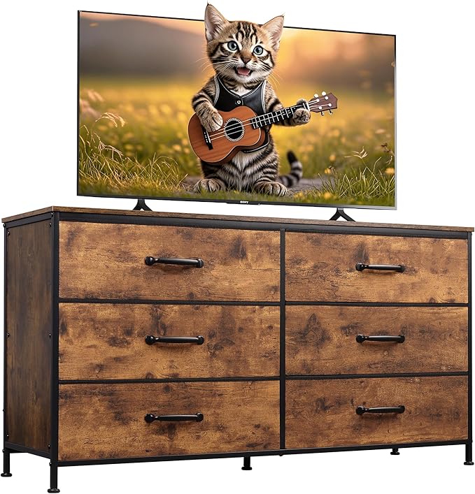WLIVE 6 Drawer Dresser for Bedroom Large, Fabric Wide Dresser TV Stand for 50, 55, 60 inch TV, Big Long Chest of Drawers with Deep Drawer for Closet, Bedroom, Living Room, Hallway, Rustic Brown