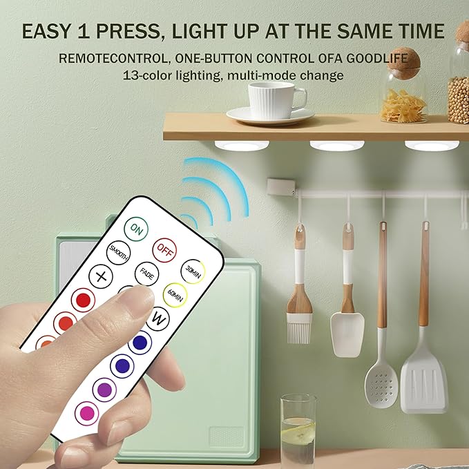 Puck Lights, 13 Colors Changeable LED Puck lightings Battery Powered Dimmable Under Cabinet Lights, Battery Powered Under Counter Lights with 2 Wireless Remote Controls for Kitchen