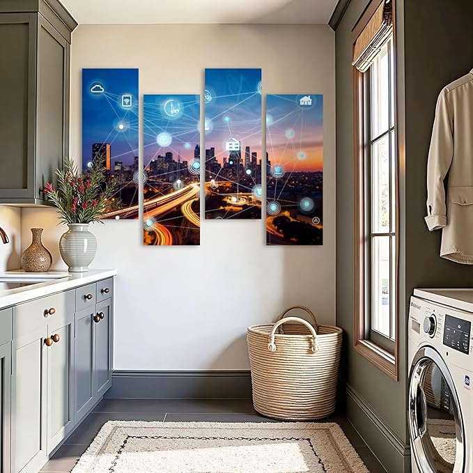 Canvas Wall Art Prints Pictures smart city wireless communication network Framed Posters Modern Wall Painting Artwork Gift Home Decor for Living Room Ready to Hang 4 Panel