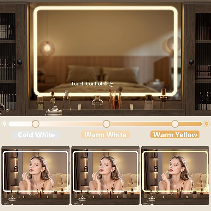 Fluted Makeup Vanity Desk with Mirror and Lights, 55" Glass Top Vanity with 8 Drawers & 4 RGB Glass Cabinets, Adjustable Shelves & Power Outlet, Modern Dressing Table Set for Women Girls Bedroom