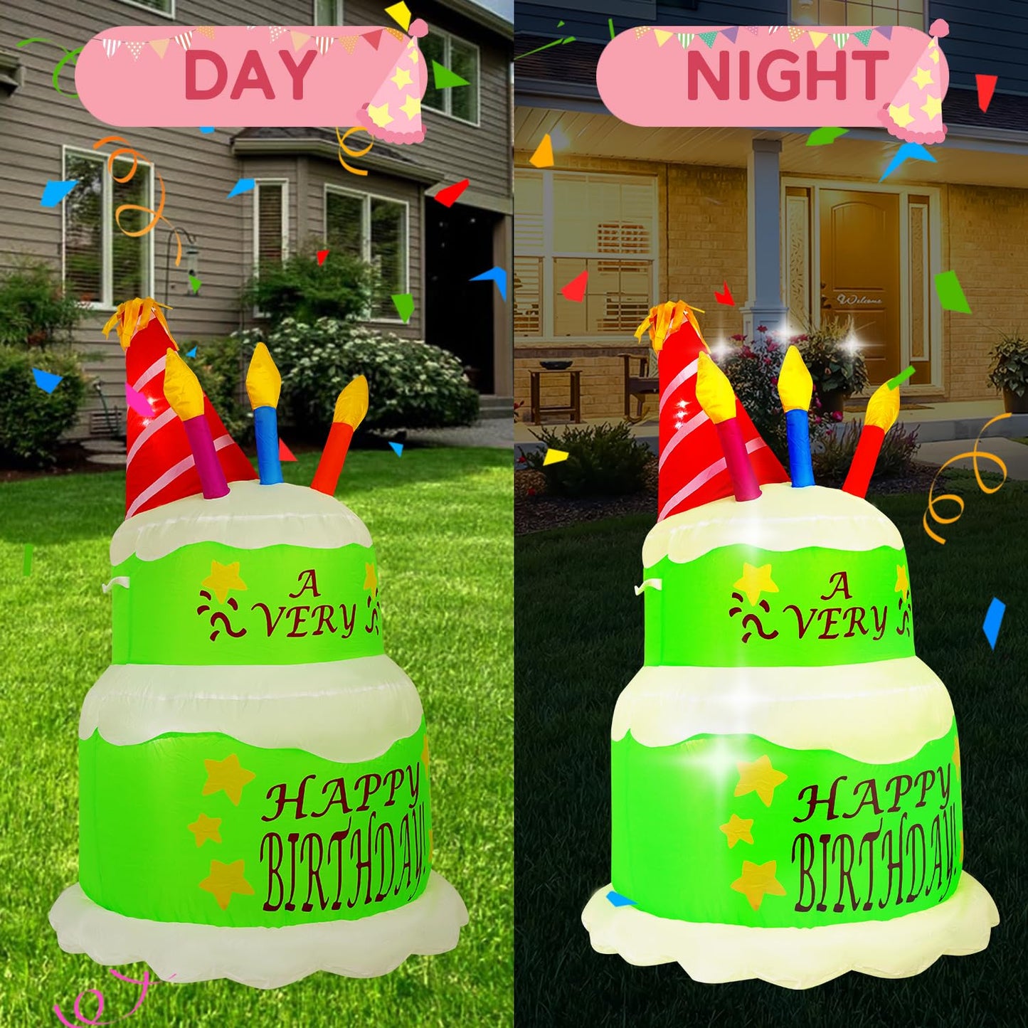 HZGDEJTG 4FT Birthday Cake Birthday Party Outdoor Inflatable Decoration, Outdoor Inflatable Decoration with LED Lights, Birthday Inflatable Decoration for Garden, Patio, Lawn