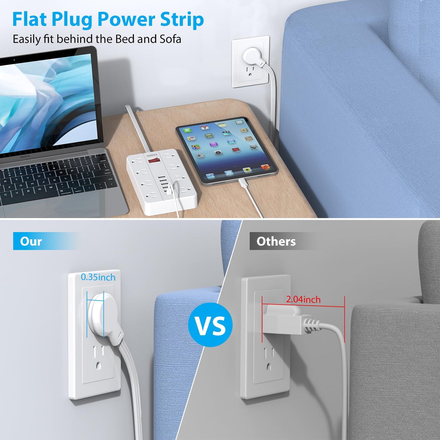 SMNICE Power Strip with USB,Surge Protector Flat Plug with 8 Widely Spaced Outlets and 6 USB Ports(1 USB C), 5ft Extension Cord Wall Mountable Phone Tablet Laptop Computer Multiple Devices