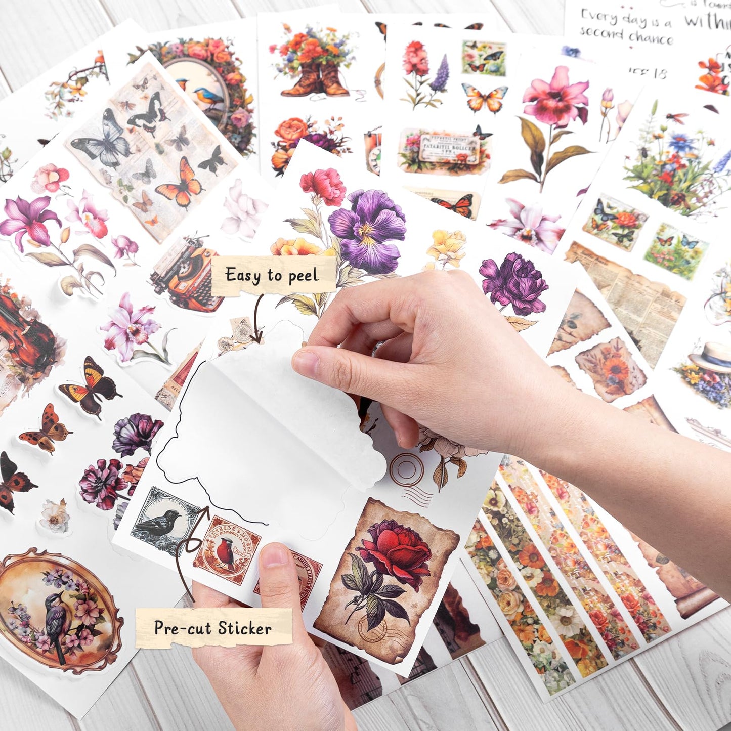 Dizdkizd 177 Pre-Cut Flower and Bird Scrapbook Sticker Book for Adults and Teens, Nature Themed Vintage Aesthetic Sticker Set, Journaling Supplies, Ephemera for Junk Journals