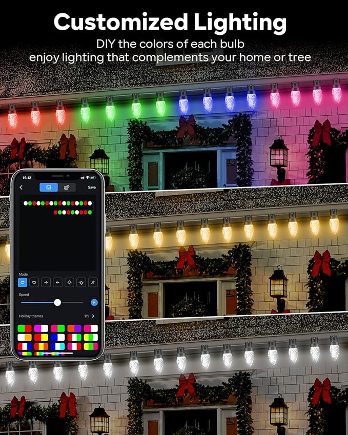 132FT 200LED Smart C9 Christmas Lights Outdoor, DIY Chasing Rainbow Lights App Remote Controlled 100+ Modes, Music Sync Xmas String Lights Waterproof Extendable for Tree House Indoor Xmas Decor