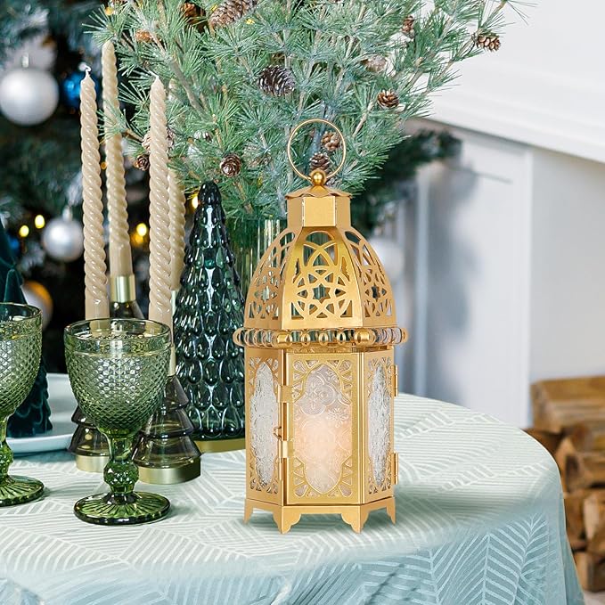 DECORKEY Moroccan Lanterns Decorative Indoor & Outdoor, 11’’ Medium Size Golden Metal Hanging&Tabletop Candle Holder Decor, Halloween Christmas Ramadan Decorations for Home Porch Patio (Golden)
