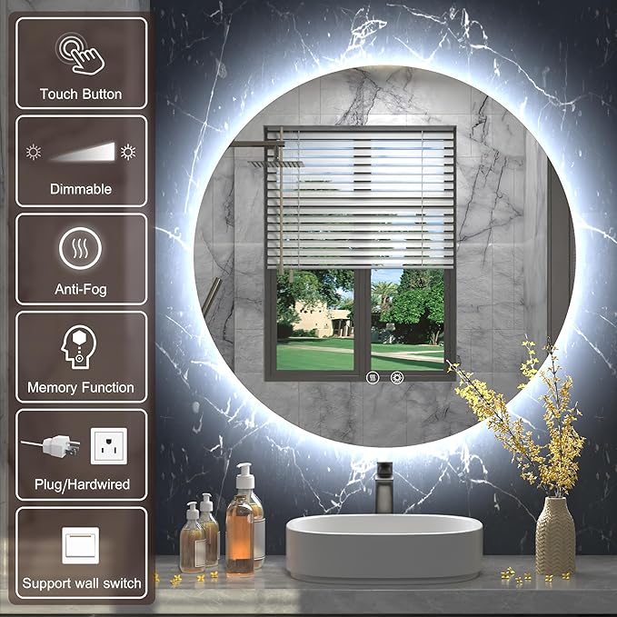 28 Inch Round LED Bathroom Mirror, Backlit Vanity Bathroom Mirror with Lights Round,LED Lighted, Dimmable, Anti-Fog,3000K/4500K/6000K