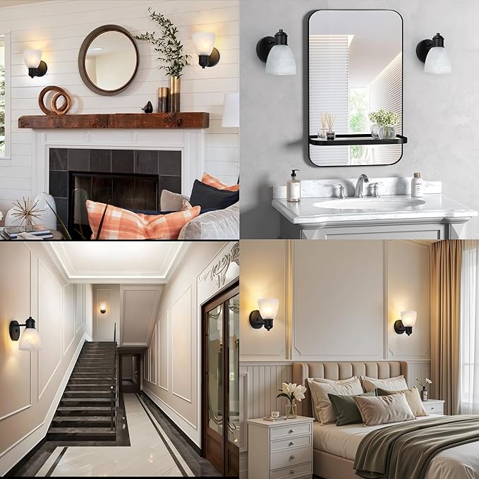 Wall Sconces Set of Two, Matte Black Vanity Lights for Bathroom, Modern Wall Light Fixtures Mount Lamp with Cloudy-Patterned Glass for Bedroom Mirror Living Room Hallway Kitchen