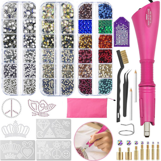 Hotfix Rhinestones Applicator Kit, 4500 Crystals Clear AB Multi-Color, 7 Tips, 19 Pattern Templates, Tweezers Brush Storage Bag, Pink Bedazzler Tool Set for Clothes Shoes Fabric DIY Crafts