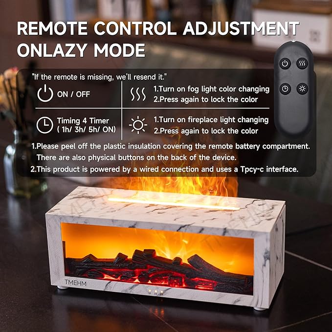 Fireplace Flame Air Diffuser Humidifier,7 Colors Aromatherapy Essential Oil Diffuser,Ultrasonic with Timer for Home,Bedroom,Office,Yoga (White Marble)