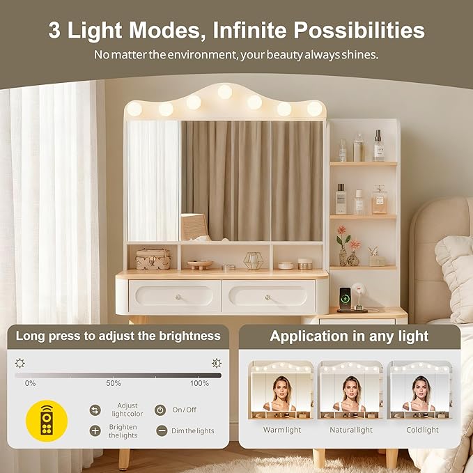 59" Vanity Desk with Mirror and Lights,Makeup Vanity with 2 USB Power Strip,Table with Two Drawers and Three-drawer Chest,3 Lighting Modes Adjustable Brightness,Foldable Three-sided Mirror (White)