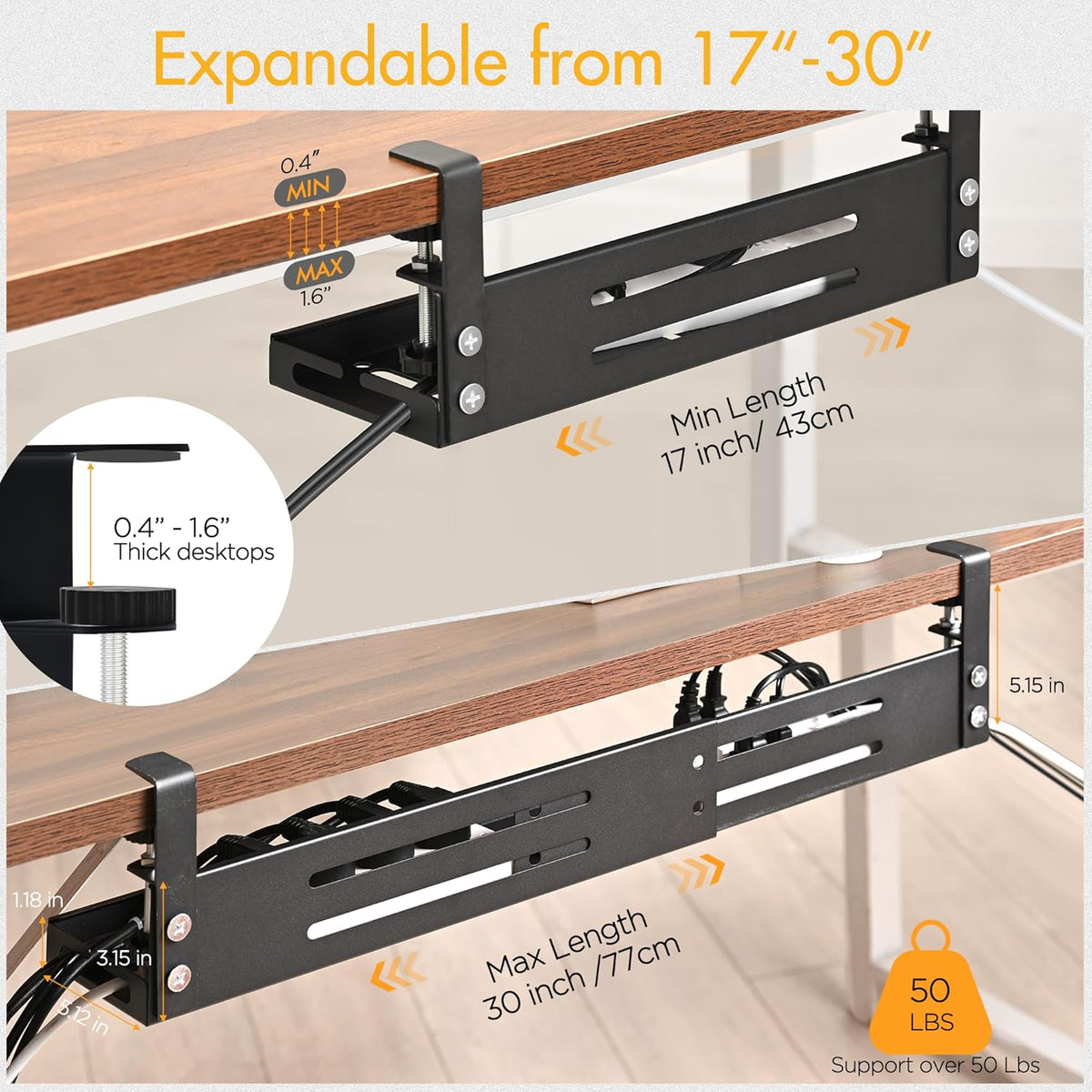 No Drill Under Desk Cable Management Tray, 17"-30" Retractable Long Cable Tray with Clamp Mount, Metal Cord Organizer, Support 50 lbs+, Wire Management Basket for Home Office, Black