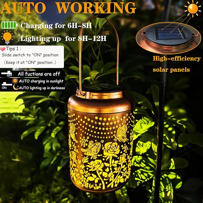 Gardering Birthday Gifts for Mom Grandma Women,Solar Butterfly & Rose Lanterns Outdoor Waterproof,Hanging Metal Garden Decor Yard Art Lights,Outside Patio Decorations,Porch,Housewarming,1PC